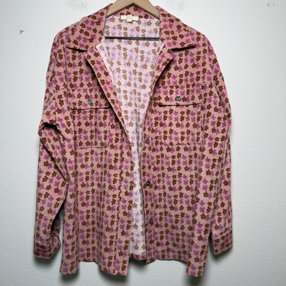 Entro Women Bloom Corduroy Button Up Shacket Top Small Pink Floral Western Boho